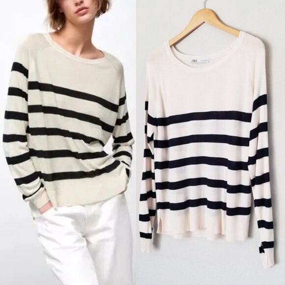 Zara Ivory Black Striped Basic Knit Pullover Sweater Crewneck Lightweight XL - Picture 1 of 15